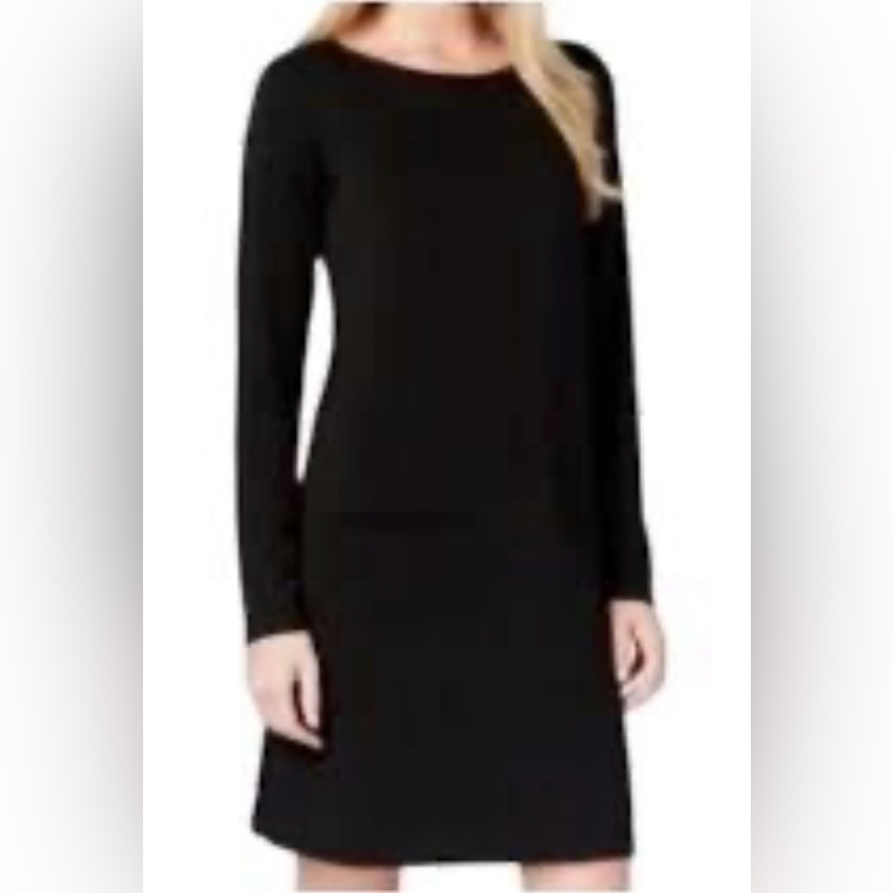 Eileen Fisher Dress Black Small S Long Sleeve Stretch Viscose Shift Pocket